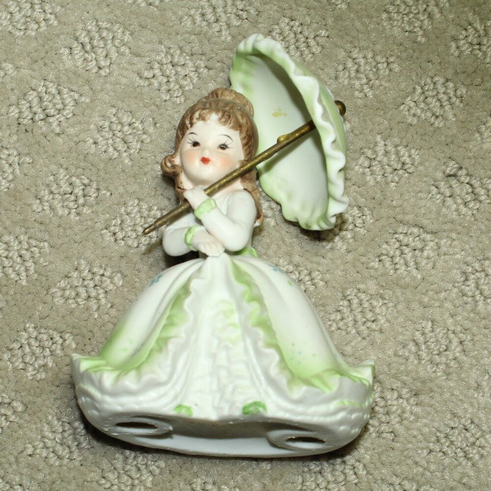 Vintage 4.5" Ceramic Green Doll Figurine with Umbrella - MINT